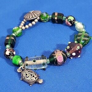 Art Glass Beaded Turtle Charm Bracelet Boho Ethereal One Of A Kind Handmade